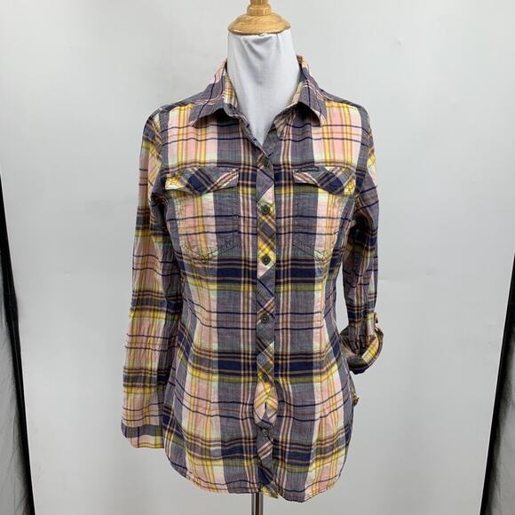 Columbia Shirt Womens M Medium Cotton Plaid Roll Tab Sleeve Button Up Outdoor - Picture 2 of 10